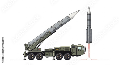 Mobile Ballistic Missile Launcher Illustration with Launching Missile.