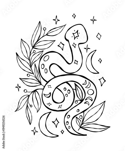 Outline Mystical snake with Moon and Plants. Textured Hand Drawn Doodle. Sketch for Halloween design, symbolizing magic and transformation. Vector Illustration 