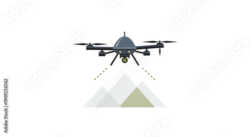 Drone surveying mountains, aerial mapping technology for land analysis.