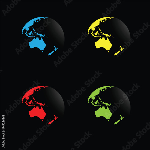 3D Glossy Oceania Globe Set Featuring Australia, New Zealand and Pacific Region in Four Colors – Modern Vector Earth Graphics for Travel, Education and Global Design Projects. 