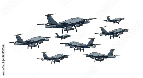 A swarm of military drones in flight formation against a white background.