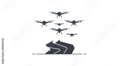 Drones swarm over abstract road, symbolizing technological advancement and future transportation.