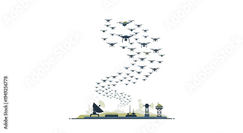Swarm of Drones Ascending from a Base, Technology and Surveillance Concept.