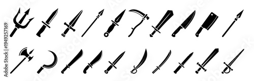 Melee Weapons Icon Set – Swords Knives Spear Silhouette Vector.