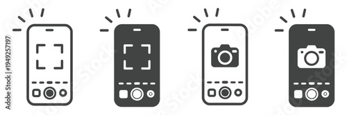 Take Photo Icon Set, camera sign with photography flash symbol, phone picture symbol, photocamera interface graphic, black color vector sign for mobile application