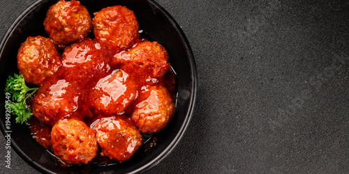 Meatballs tomato sauce meat dish beef, pork, or chicken and turkey meat main course cooking tasty snack fresh delicious gourmet food background on the table rustic food top view copy space