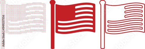 Red American Flag Icons Dotted Solid Outline and Silhouette on White usa flag united states flag