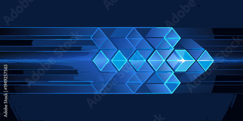 Abstract geometric design with glowing blue lines and reflective surfaces