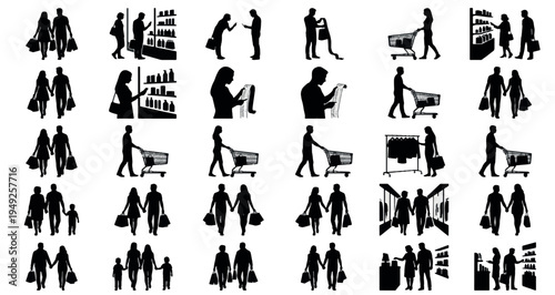 Shopping Mall Visitors Silhouette Set Pack. Editable Vector Illustration. featuring vector, graphic, illustration, silhouette, shopping, consumer, retail, people, buyer, customer, family, couple more.