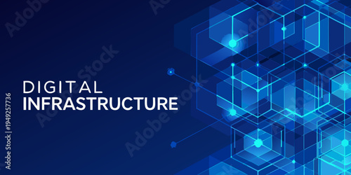 Abstract blue geometric background with digital infrastructure text overlay
