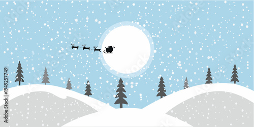 Santa claus and his reindeer fly across a winter landscape at night