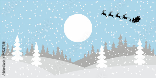 Santa claus and reindeer fly across a winter landscape with snow