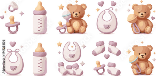 Cute Baby Essentials Vector Illustration Set with Teddy Bear, Pacifier, Baby Bottle, Bib, Socks and Newborn Nursery Items