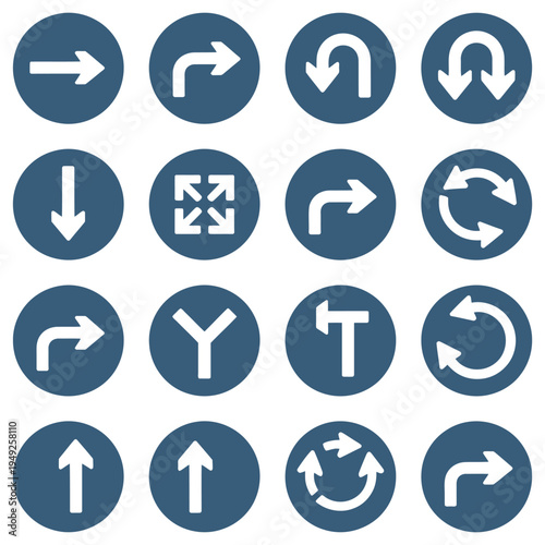 mandatory direction road signs featuring white arrows on a blue circular background, indicating required traffic flow for urban navigation and highway safety systems.