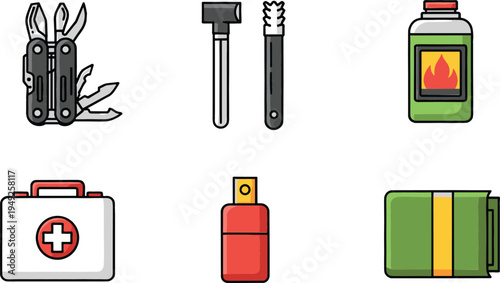 Emergency and Multi-Tool Vector Set Featuring First Aid Kit, Fire Extinguisher, Pocket Tool, and Safety Gear for Outdoor and Survival Illustrations