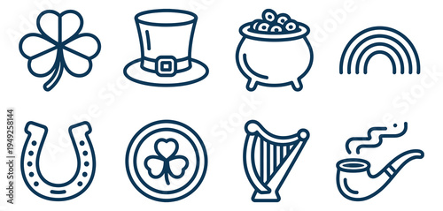 St Patricks Day Luck Icons, blue dual tone flat vector symbols featuring shamrock clover leaf, leprechaun hat, pot of gold, lucky horseshoe, rainbow, Irish holiday celebration traditional minimalist s