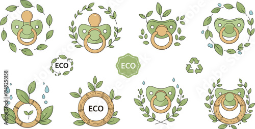 Eco Friendly Baby Pacifier Badge Vector Illustration Set with Leaves, Nature Elements, Recycling Symbol and Organic Baby Product Labels