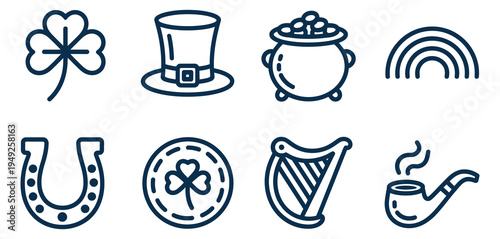 St Patricks Day Luck Icons, blue dual tone flat vector symbols featuring shamrock clover leaf, leprechaun hat, pot of gold, lucky horseshoe, rainbow, Irish holiday celebration traditional minimalist s