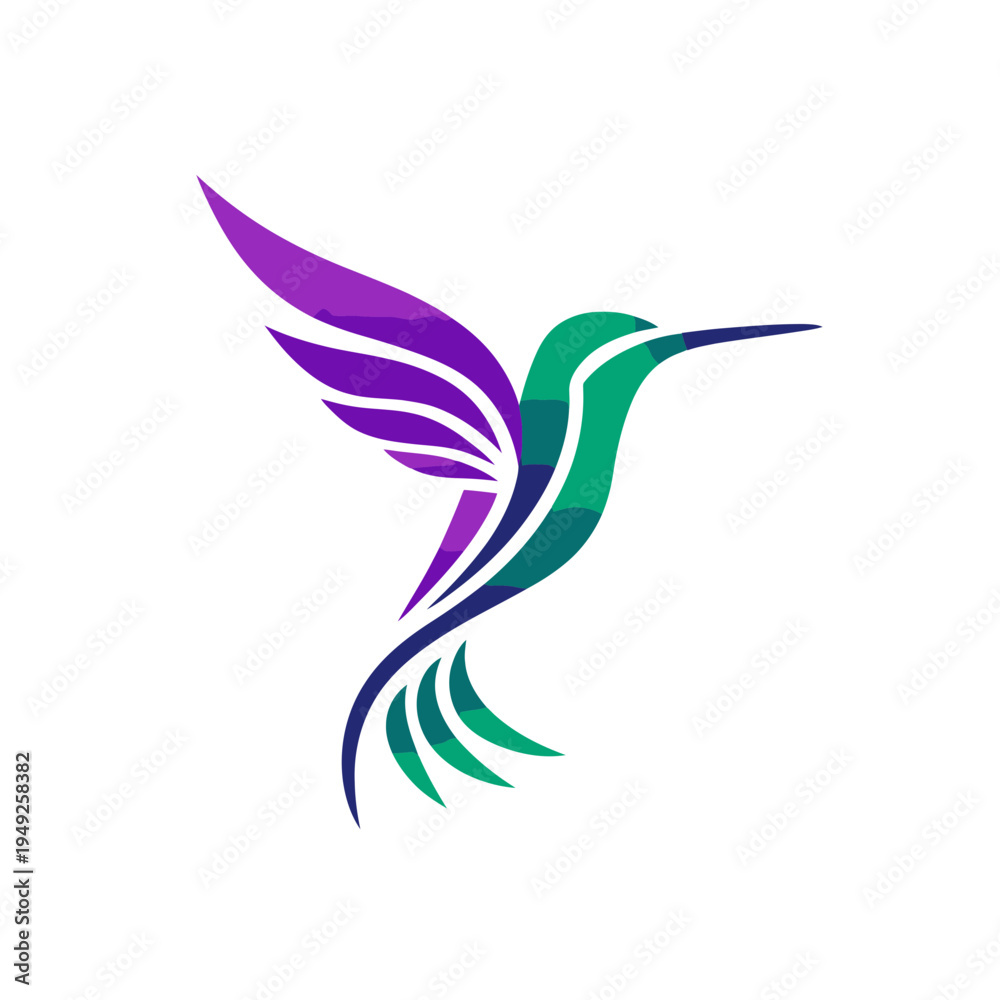 Obraz premium Hummingbird logo design in vibrant green and purple colors on white backdrop