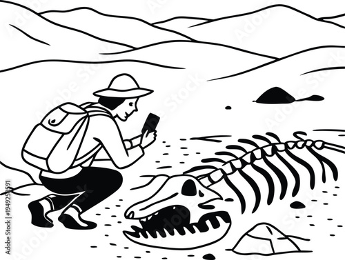 Vector illustration of a man photographing a dinosaur skeleton in desert landscape