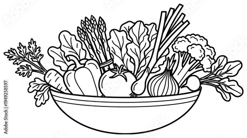 Healthy fresh vegetables in bowl isolated on white background doodle style