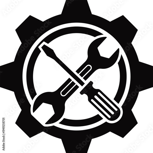 Mechanical tools logo with gear and crossed wrench and screwdriver