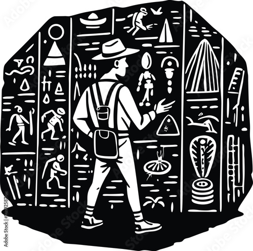 Vector illustration of explorer in front of ancient Egyptian hieroglyphics
