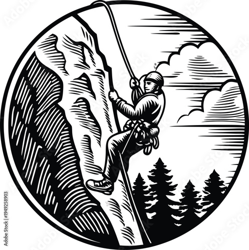 Vector illustration of a rock climber in a circular frame