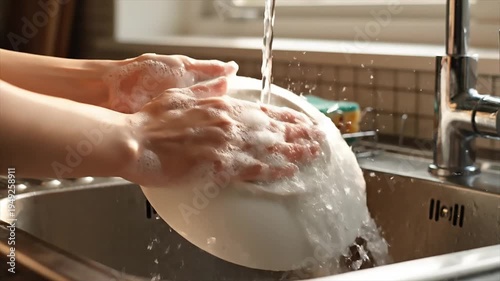 A dedicated house wife meticulously performs daily activities, washing dishes with soap and water, showcasing common household chores and domestic responsibilities