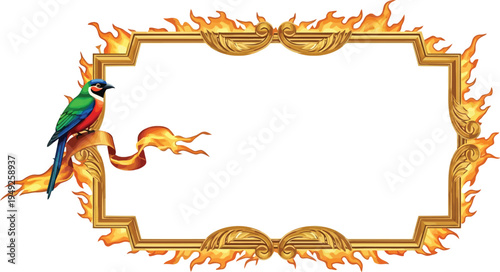 A vibrant bird perches on a golden frame surrounded by flames on a white background.