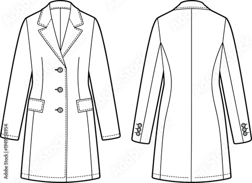 Women tailored long coat technical fashion flat sketch with lapel collar, button closure and pockets, front and back view