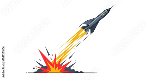 Cartoon Jet Crashing with Explosion and Flames Illustration.