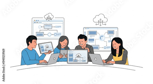 Collaborative Cloud Computing Team Meeting with Digital Devices.