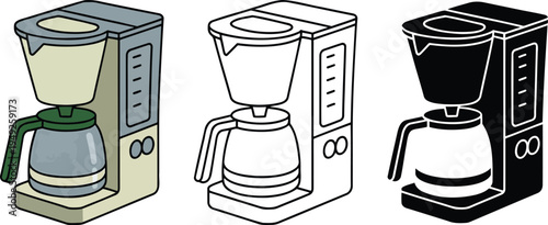 Coffee machine silhouette & Outline and illustration set isolated on transparent background