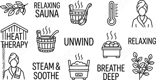 Collection of line art icons and text elements representing relaxation heat therapy and sauna experiences for wellness and spa concepts