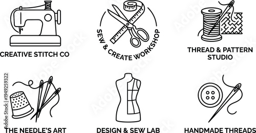 Collection of line art icons representing sewing and crafting related businesses and concepts in a white background setting