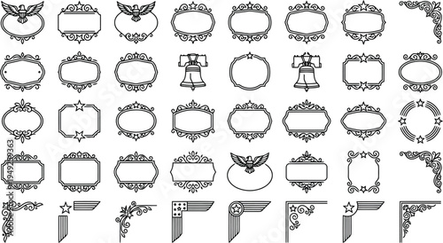 Collection of decorative ornamental frames and borders featuring eagles and liberty bells in vintage patriotic design