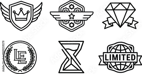 Collection of six modern outline icons symbolizing achievement business concepts and time management isolated on transparent background