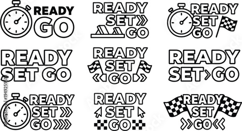 Collection of ready set go phrases with stopwatch and checkered flags for racing and starting events