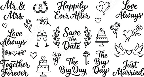 Collection of weddingthemed handdrawn lettering phrases and decorative elements including cakes and rings