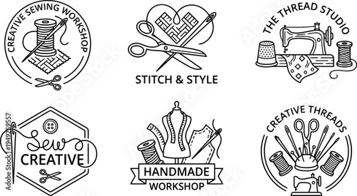 Collection of six unique linear sewing and crafting logos with various design elements representing creativity and handmade work