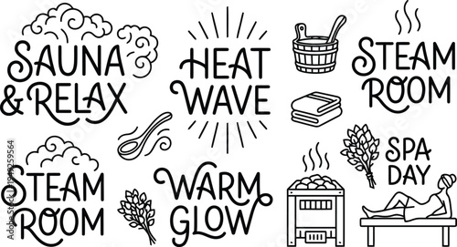 Set of handdrawn lettering and illustrations for sauna and steam room spa day relaxation experiences