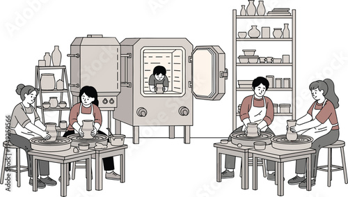 Pottery Studio Vector Set Featuring Potters Shaping Clay, Kiln, and Ceramic Tools for Creative Workshops and Art Classes