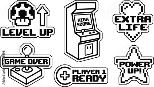 Retro pixel art game icons depicting level up game over high score extra life power up and player ready isolated on transparent background