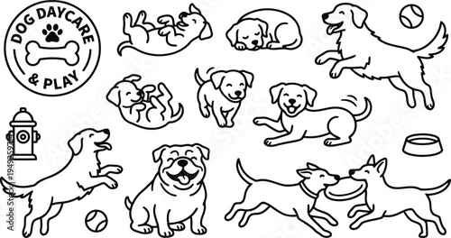 Collection of playful cartoon dogs in various adorable poses for doggy daycare and play illustrations
