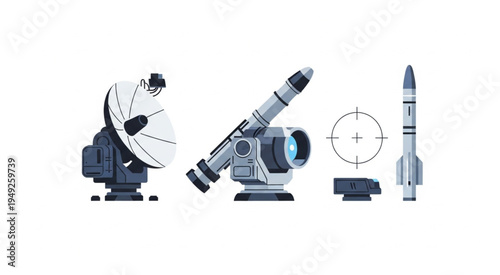 Military Technology and Defense Systems - Radar, Missile Launcher, and Missile.