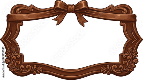 A beautifully crafted brown picture frame with an ornate design and ribbon bow on a white background