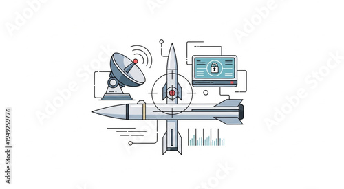 Detailed Blueprint of a Missile System with Satellite and Security Monitor.