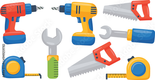 Power Tools and Measuring Tools Vector Set Featuring Drills, Saws, Wrenches, and Tape Measures for DIY, Construction, and Home Improvement Illustrations