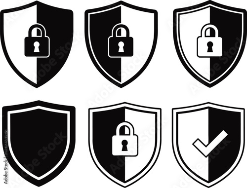 Collection of shield icons with locks and checkmarks for security concepts